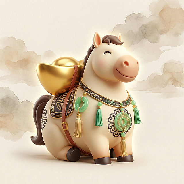 软3D风可爱小马，国潮元素点缀，鎏金元宝与玉佩相映，水彩云雾背景，喜庆吉祥，卡通感十足。