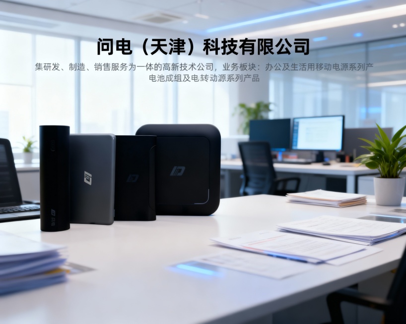 根据这张图，做一个网站动画图1280X560的，带广告内容为问电（天津）科技有限公司作为一家集研发、制造、销售服务为一体的高新技术公司，公司业务板块主要有：办公及生活用移动电源系列产品电池管理、电池成预览效果
