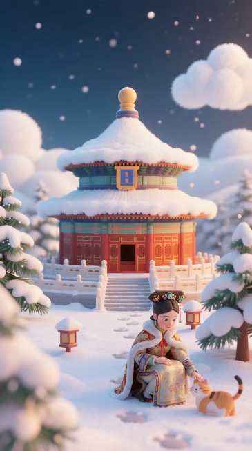 冬日天坛雪景，祈年殿被毛绒云朵环绕，雪地有猫爪脚印，松柏覆雪绒，暖色调柔和光感，新中式静谧氛围预览效果