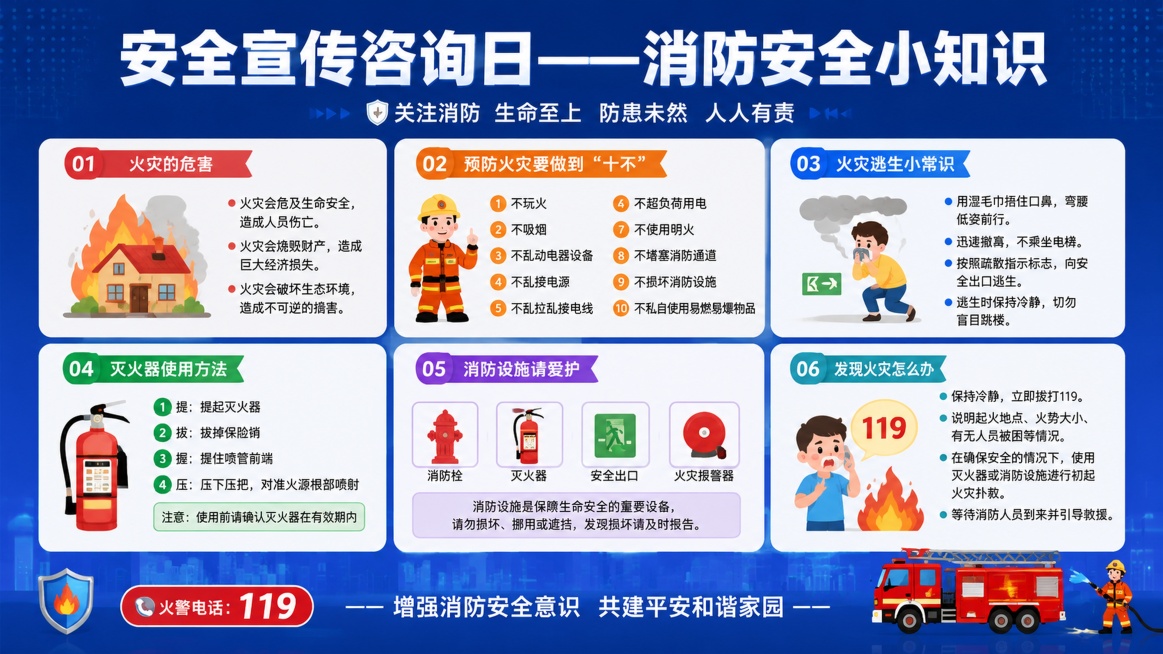 生成消防安全科普宣传海报，背景为深邃科技蓝色渐变打底，风格为简约清晰的科普海报，画面比例16:9，顶部放置大标题"安全宣传咨询日——消防安全小知识"，主体内容分区清晰排版整理6张图片中的消防安全知识内预览效果