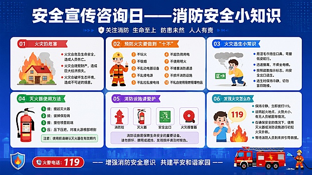 生成消防安全科普宣传海报，背景为深邃科技蓝色渐变打底，风格为简约清晰的科普海报，画面比例16:9，顶部放置大标题"安全宣传咨询日——消防安全小知识"，主体内容分区清晰排版整理6张图片中的消防安全知识内容，完整保留图片中的知识要点，采用清晰的信息卡片分块排版，文字全部清晰可读，版式精美，四个边角留足安全边距，整体干净专业，适合科普宣传使用，图像整体为扁平化简约科普风格，信息层级分明，重点突出。