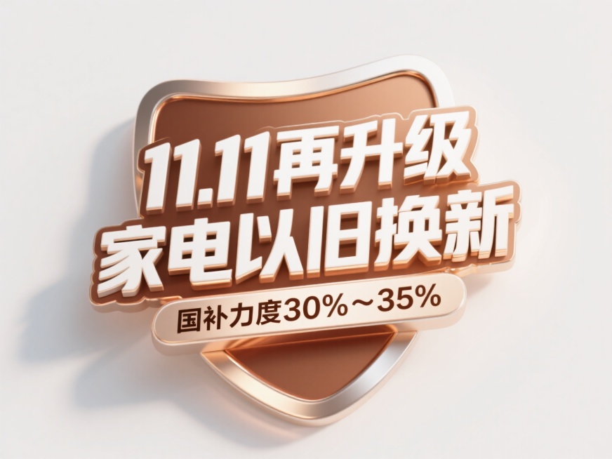 一个徽章，徽章上是白色金属质感立体大字“11.11再升级  家电以旧换新 国补力度30%～35%。整体配色为暖棕为主，风格活泼醒目，突出文案，背景为白色渐变预览效果