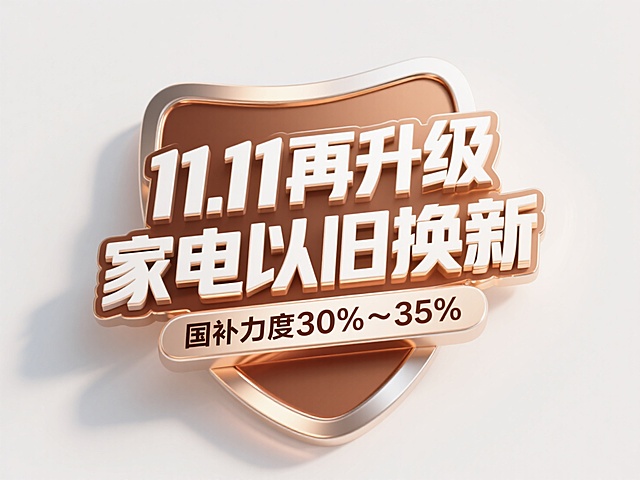 3D立体鎏金风设计，金属质感大字突出促销信息，融合节日氛围与高端视觉，强化双十一家电以旧换新主题。