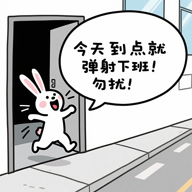 卡通风格插画，拟人化兔子萌趣弹射下班，漫画式对话框传递轻松幽默感，充满趣味与可爱气息。