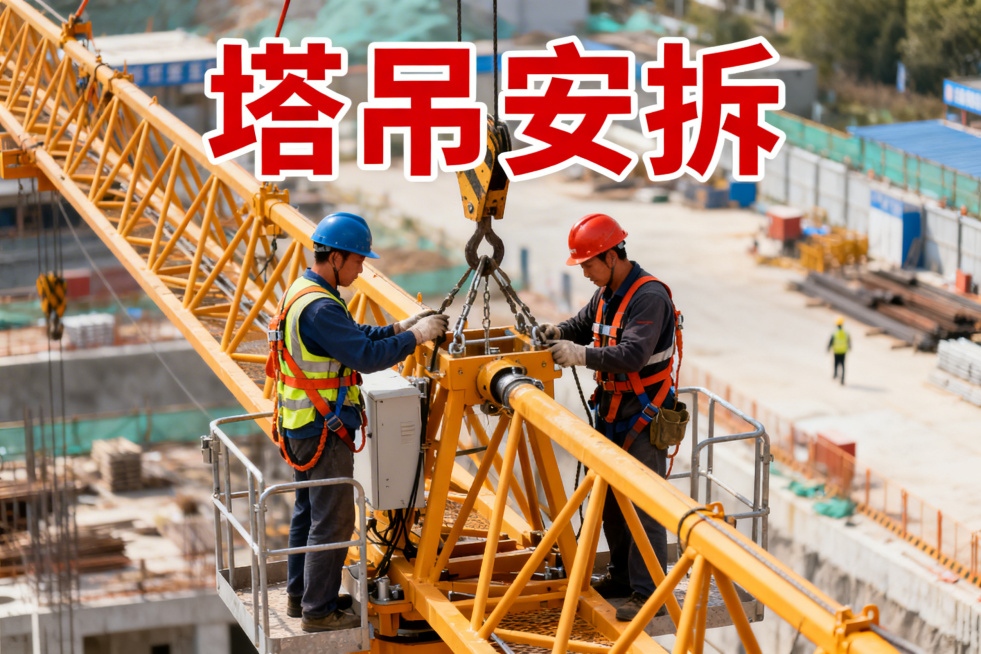 塔吊安拆封面，画面呈现工人在工地对塔吊进行安装作业，佩戴安全装备，上方有"塔吊安拆"醒目文字，风格专业写实，无水印预览效果