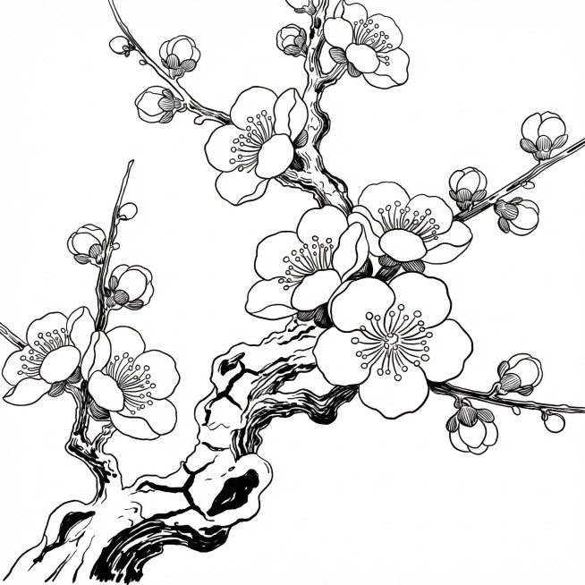 将这张梅花图片提取转为黑色线稿，保留完整的轮廓和结构，去掉所有色彩和填充预览效果