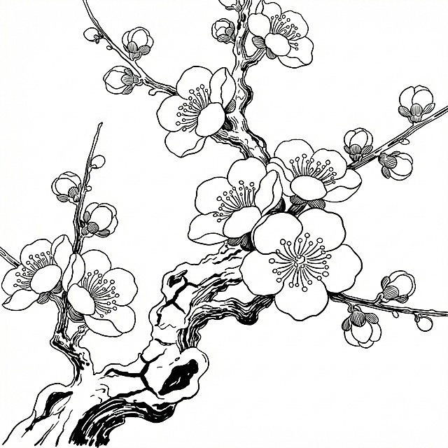 将这张梅花图片提取转为黑色线稿，保留完整的轮廓和结构，去掉所有色彩和填充