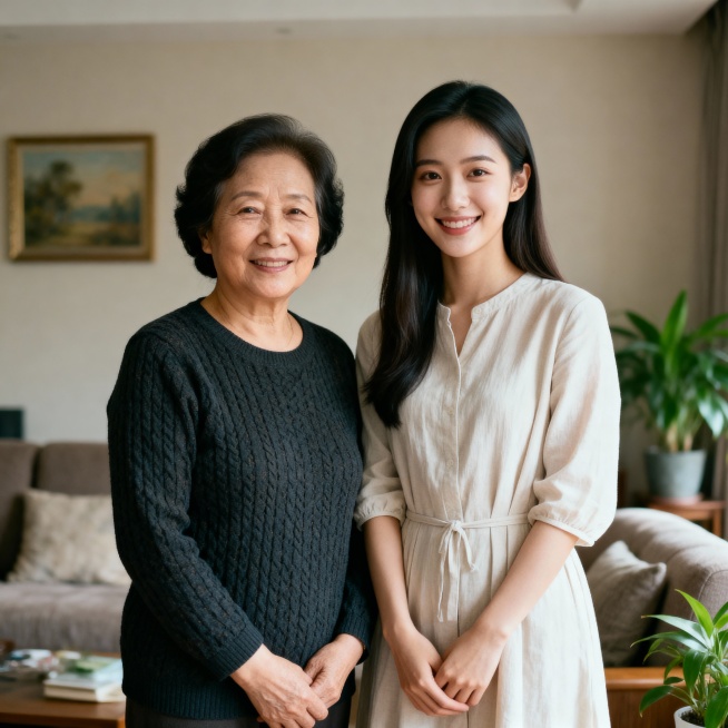 日常生活快照，非特定构图与打光，随手一拍的感觉，真实场景，一对中国母女，50岁的母亲和25岁的女儿，不同风格的母女，逼真，现实感，真人感，母女合影。预览效果
