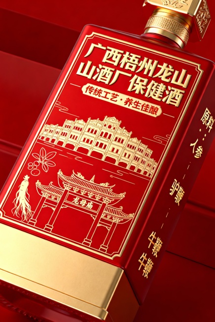 设计一个关于广西梧州龙山酒厂的保健酒包装，包装上要体现广西梧州龙山的历史文化的元素，以红色 金色搭配为主，保健酒的成分是人参，驴鞭，牛鞭，亦可考虑此类元素体现在包装上预览效果