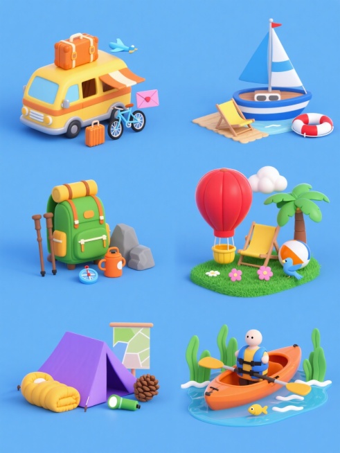 六个完全相同风格的3D卡通旅游元素场景，每个场景都有不同的核心旅游元素，采用纯色背景，整体色彩变换，保持可爱圆润的造型、明亮饱和的色彩、细腻的材质感和童趣氛围，每个场景都有独立的旅游主题元素，场景之间排布规整，无文字、无logo、无水印。第一个场景：黄色露营车，车顶有橙色行李箱，旁边有橙色行李箱、蓝色自行车、粉色信封和蓝色飞机；第二个场景：蓝色帆船，船上有白色救生圈，旁边有黄色沙滩椅、红色遮阳……预览效果