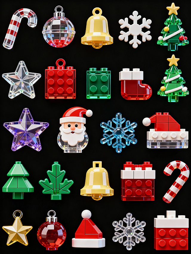 乐高积木质感圣诞元素集合，3D渲染，软萌治愈风格，亚克力材质，形状不一样，纯黑背景，色彩鲜艳，高饱和度清新色调，8K高清，细节细腻，有序排列