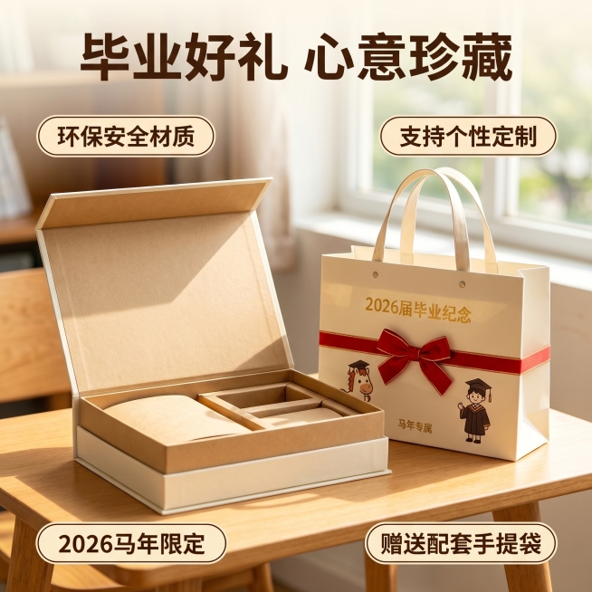 [主图 2] 毕业纪念礼盒核心卖点展示
[氛围风格] 校园治愈风，干净温暖氛围
[画面元素] 商业摄影质感、光线柔和通透、产品清晰真实、画面干净高级。基于原毕业纪念礼盒产品，展示礼盒搭配赠送的同款手提预览效果