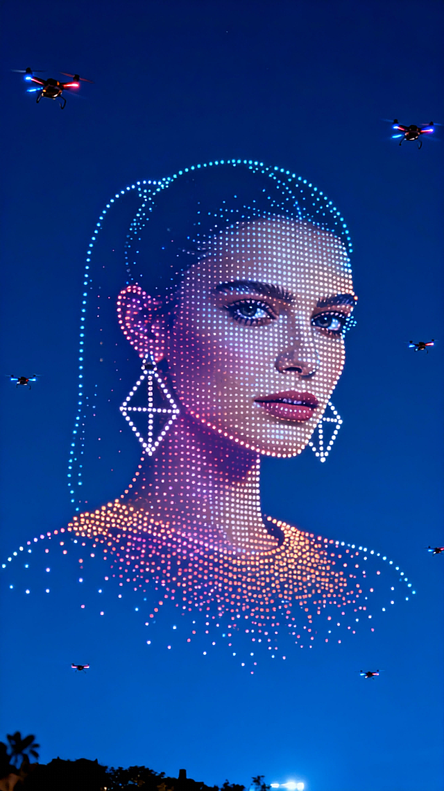 无人机灯光秀，中心区域浮现由无数渐变光点组成的图示人物，形象简洁还原，深夜蓝色天空背景。周围有无人机点缀。