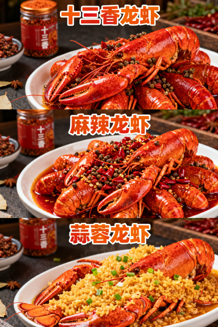 我想做40厘米*60厘米的海报 上面有3款龙虾 十三香龙虾  麻辣龙虾 蒜蓉龙虾  每个都有对应的龙虾的图片和文字预览效果