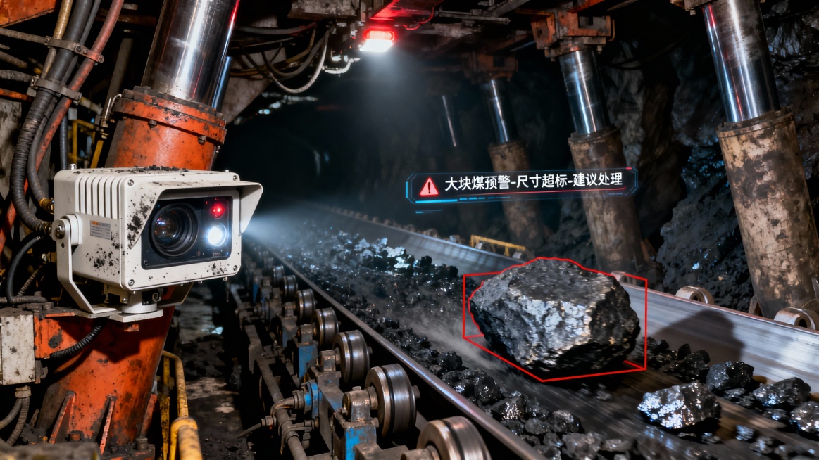 “煤矿综采工作面中，一台防爆AI摄像机安装在液压支架上，正对准下方运行的刮板输送机。输送机上黑色煤流涌动，在设备警示灯的照射下泛着粗粝的光泽。摄像机镜头内，一块尺寸远大于周围煤块的不规则大煤块正随着煤预览效果