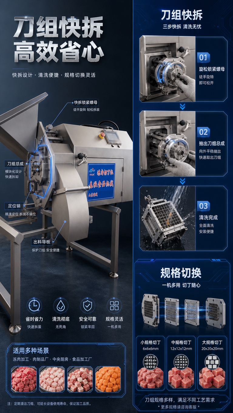 冻肉切丁机刀组快拆功能页，9:16竖版。画面左侧是不锈钢切丁机… - 图片创意预览