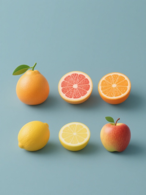 六个水果素材规整排列，以简约现代风格呈现，包含完整的柚子和柚子切片，搭配橙子、柠檬、苹果等其他水果，每个水果造型简洁，色彩鲜明饱满，表面纹理清晰自然，带有绿色叶片点缀，整体置于纯净的纯色背景上，无任何文字、logo及水印，画面干净利落，视觉层次分明，符合现代简约的设计感。预览效果