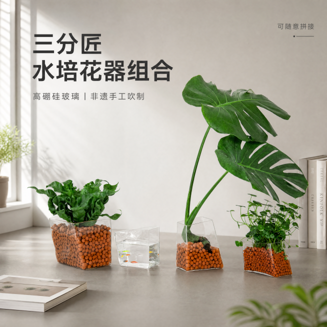 [主图-1] 三分匠水培花器组合单品空间氛围首图
[氛围风格] 温馨居家生活感，高级简约侘寂风
[画质] 商业摄影质感，光线柔和通透，产品清晰真实，画面干净高级，超高清
[元素] 组合好的三分匠水培花预览效果