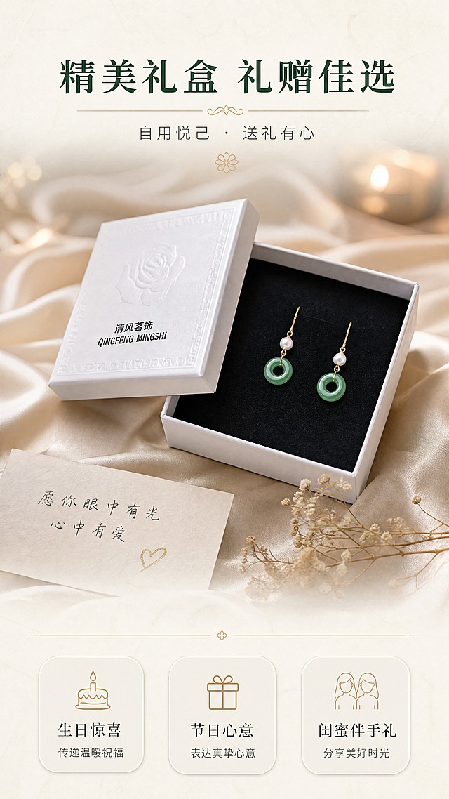 [商品] 使用【图1】天然珍珠平安扣耳环及白色礼盒包装；保留耳环结构、颜色，以及白色礼盒的玫瑰浮雕、品牌文字外观；礼盒打开，耳环置于黑色内衬中。
[画面] 目标：礼盒开箱，展现礼赠仪式感。居中构图，打开的白色礼盒放置于浅米色丝绸布料上，盒盖半开倚靠在旁，耳环静静躺在黑色绒布内衬中；旁边散落一张手写贺卡、一枝干花；背景为虚化的暖光氛围，营造送礼温馨感。
[视觉] 套系策略：风格=东方雅致国风商业摄影；标题字=宋体衬线粗体；正文字=现代细黑体；主色=玉绿+米白；背景延展=基于米白做深浅渐变、宣纸纹理与柔光层次；强调色=香槟金，仅用于小面积图标、引线和装饰线条；标题色=深墨绿；正文色=暖灰棕；组件=细线引线、圆角浅底信息卡、中式分隔线；光影=左前侧暖柔光+侧逆轮廓光。
[文字] 上方主标题"精美礼盒 礼赠佳选"，副标题"自用悦己 · 送礼有心"，下方3个礼赠场景：生日惊喜、节日心意、闺蜜伴手礼。文字横排，不遮挡礼盒主体。
[规格] 图片比例9:16竖版，4K，避免变形、错字、文字过小、礼盒文字错乱、耳环颜色改变。