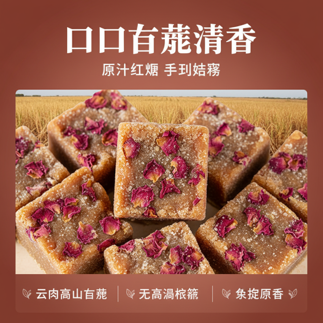 这张图片是产品主体这款产品是云南古法玫瑰红糖 我需要设计20张主图在拼多多上面售卖   主图场景  多增加一些玫瑰红糖水的设计 色调偏微红一些 要求高级  主图文案内容 玫瑰暖养 红润好容颜 古法手作预览效果