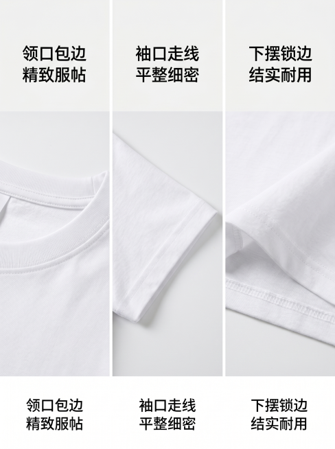 电商详情页细节工艺展示模块，分三个局部特写：领口包边、袖口走线、下摆锁边，展示纯白色T恤精湛工艺，三格均匀排版，每个特写配对应文字标注，干净简约排版，保持产品细节清晰，3:4比例，2k分辨率，超高清，预览效果