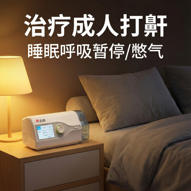 帮我生成5张不同的淘宝推广创意图，要求场景是睡眠环境、床边。主文案：治疗成人打鼾，副文案：睡眠呼吸暂停/憋气预览效果