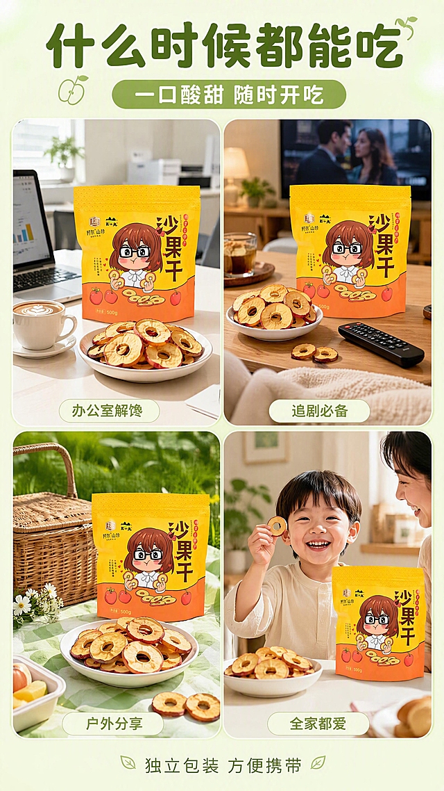 [第7张] 场景种草页-追剧办公休闲 随时来一片。本张使用【图1】作为产品包装在各场景中出现，多场景拼图布局。
[氛围/风格] 生活方式感，温馨治愈，多场景拼接，淡绿色系。
[元素布局] 画面采用2×2圆角卡片拼图布局，共4个场景：左上「办公室下午茶」- 办公桌旁放着沙果干和咖啡；右上「追剧时光」- 沙发茶几上的沙果干配遥控器；左下「户外野餐」- 草地上的沙果干和野餐篮；右下「亲子分享」- 小朋友手拿沙果干；每个场景中都有沙果干包装袋或果干露出；卡片之间有淡绿色间隔；包装袋外观与输入图一致。
[光影质感] 每个场景都有自然柔和的光线，温馨明亮，生活感强。
[配色色系] 全局底色 #F1F8E9 浅淡绿；主色淡绿、白色；辅助色各场景自然色；卡片圆角白色边框。
[视角构图] 四宫格拼图布局，阅读动线自上而下，从左到右。
[文字版式] 顶部大标题「什么时候都能吃」，副标题「一口酸甜 随时开吃」，圆角黑体深绿色；每个场景卡片下方配小字标签：「办公室解馋」「追剧必备」「户外分享」「全家都爱」；底部有一行小字「独立包装 方便携带」。
[比例分辨率] 9:16 竖版比例，4K 分辨率，文字清晰可辨，高清画质。
[负向提示词] 包装袋变形，场景虚假，水印，文字错乱，文字过小，人物面部模糊，背景杂乱。