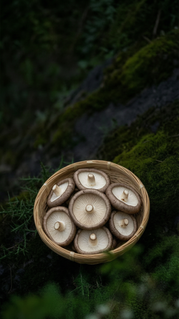 参考图片风格，一篮新鲜野生香菇，背景是深色深绿色苔藓山野环境，深色自然背景，没有任何文字，自然无公害，竖版9:16海报预览效果