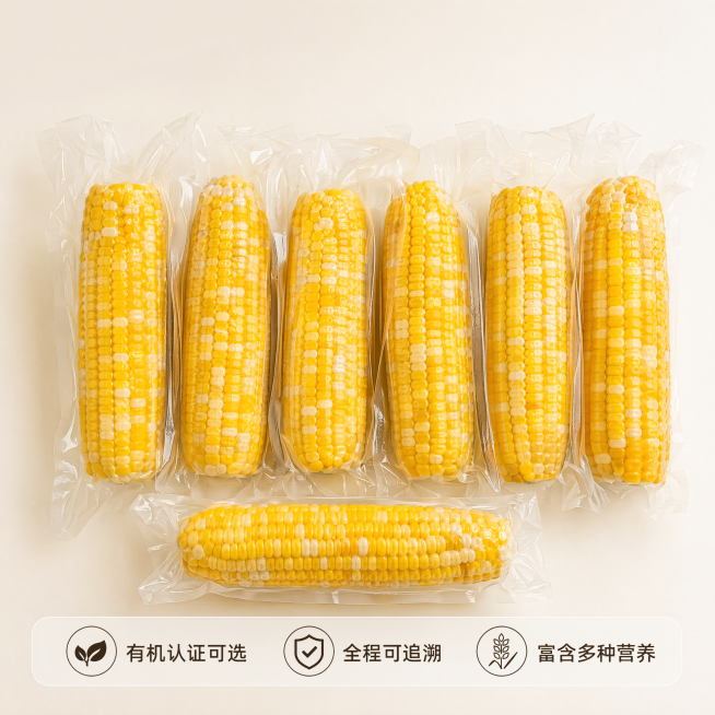 [主图-5] 品质保障与家庭装展示，促进转化。氛围风格：品质安心感，清晰展示规格。画质：商业美食摄影质感，光线柔和通透，产品清晰真实，画面干净高级。元素：展示多根真空包装玉米整齐排列呈现家庭装规格，预览效果