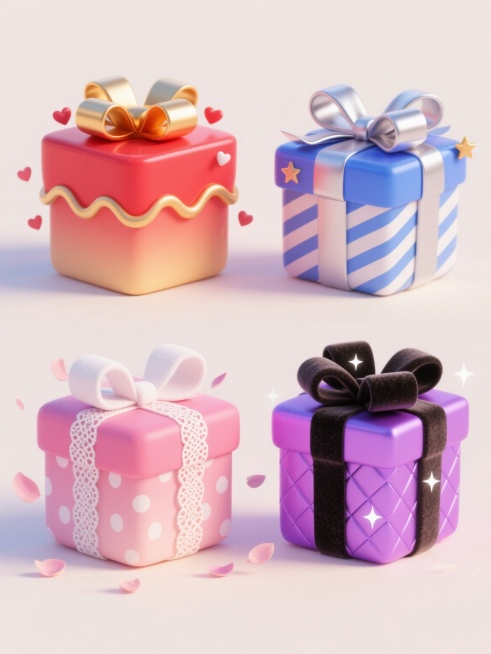 3D立体风格礼物盒组，采用上下两行对齐排列的四个礼物盒，每个盒子拥有独特配色、样式和材质，整体呈现出明亮欢快的双11促销氛围。第一个礼物盒为红色渐变，搭配金色大蝴蝶结和波浪形盒身，周围点缀小爱心；第二个礼物盒为蓝色渐变，配以银色缎带蝴蝶结和条纹盒身，周围有星星装饰；第三个礼物盒为粉色渐变，系着白色蕾丝蝴蝶结和圆点图案盒身，周围飘落花瓣；第四个礼物盒为紫色渐变，装饰着黑色丝绒蝴蝶结和菱格纹盒身，……预览效果