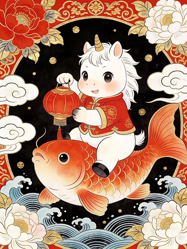 国传统新年插画，Q版Chibi卡通风格。一匹白色的中国马，调皮可爱，穿着红色过年服饰，坐在大锦鲤身上，手拿红灯笼，白色背景