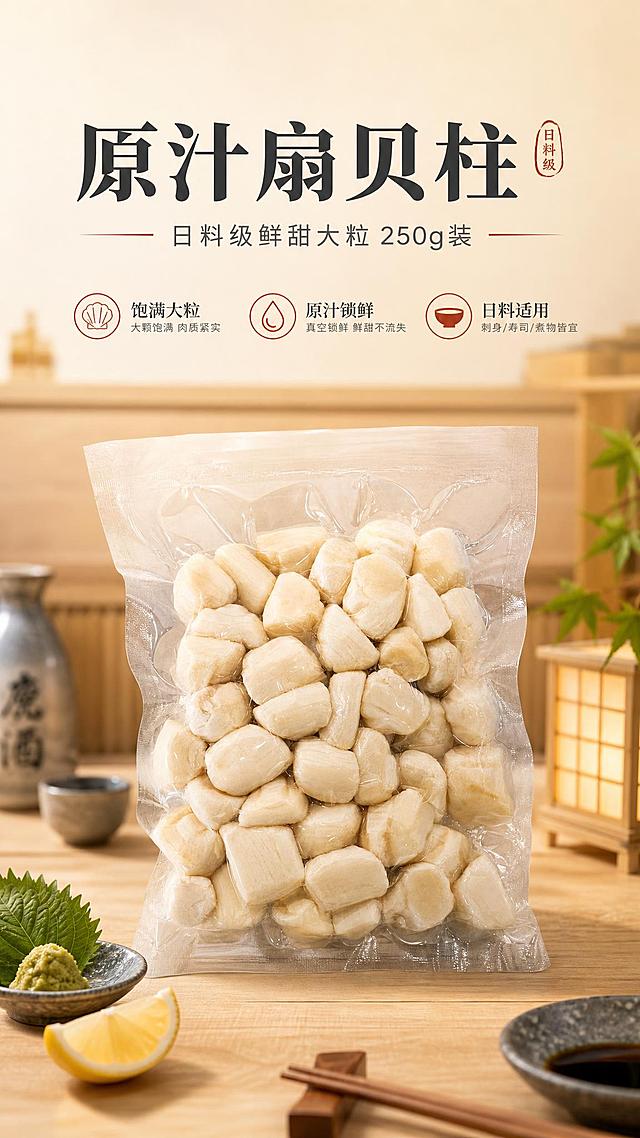 [商品] 使用【图1】真空包装原汁扇贝柱；保留透明真空包装袋形态、扇贝柱米白色色泽、饱满颗粒形状和纹理结构；商品处理：增强扇贝柱肉质纹理清晰度，提升包装通透感，去除背景杂色，不改变扇贝柱形状和包装结构。
[画面] 目标突出原汁扇贝柱产品全貌与日料高级感，上文下图竖版构图，产品占画面60%位于中下部，前景点缀日式餐具、山葵叶、柠檬片等日料元素，中景产品主体，后景虚化日式木质料理台与暖光，营造日式料理店氛围，阅读动线从上至下。
[视觉] 套系策略：风格=日式高级生鲜商业摄影；标题字=日式衬线粗体；正文字=简洁无衬线体；主色=米白暖杏；背景延展=基于米白暖杏做深浅层级、同色渐变和木质/和纸质感；强调色=深赭石，仅用于小面积图标、引线和标签；标题色=深炭灰；正文色=中暖灰；组件=圆角浅底信息卡、细线引线、日式印章元素；光影=左前侧暖柔光，自然通透。
[文字] 上部留白放主标题"原汁扇贝柱"、副标题"日料级鲜甜大粒 250g装"和3个短卖点图标（饱满大粒、原汁锁鲜、日料适用），文字横向排版，不遮挡扇贝柱主体。
[规格] 图片比例9:16竖版，4K，避免变形、错字、文字过小、冷蓝背景、扇贝柱颜色改变、包装失真。