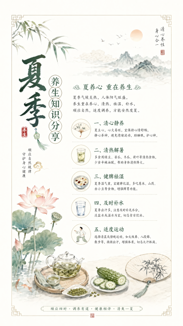 一张夏季养生知识分享的图片，中国风风格，上下左右留白三厘米，整体清新雅致，带有传统中式养生元素预览效果