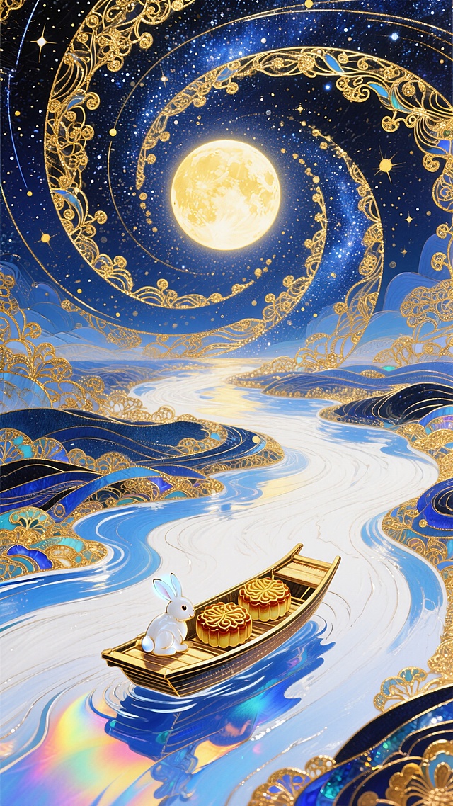梦幻奇幻风格，全景，小船（漂浮在蓝白色河流上，船上有玉兔和两个月饼 ）居画底部，星空漩涡从小船向四周扩散成漩涡状星空（深金色交织） ，中央巨大的发光满月，超现实的星空河流世界，梦幻感，色彩以深邃蓝、暖黄为主，搭配金色点缀