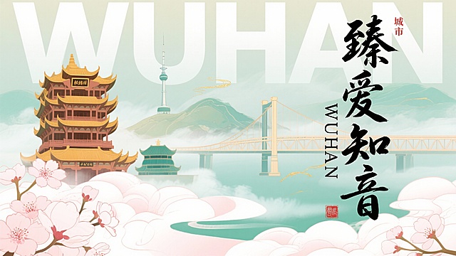 中国武汉东湖主题宣传插画，现代国潮风，淡彩水彩质感，色调柔和清新，浅绿、淡粉、白色为基底渐变，朦胧云雾效果。左侧是多层楼阁式、黄褐色琉璃瓦的武汉黄鹤楼，中间是武汉长江大桥，桥前有1座小型青绿色建筑龟山电视塔。左下角和右下角有大型粉白色樱花，点缀于云雾之上。背景隐约透出浅白色大写字母“WUHAN”，字体轻盈半透明。画面右侧是黑色毛笔书法字体“臻爱知音”，旁附竖排小字“WUHAN”，右上角有红色“城市”印章。元素层叠分布于云雾之上，整体画面通透轻盈，细节精致，兼具传统中式美学与现代设计感，无明显阴影，线条柔和圆润