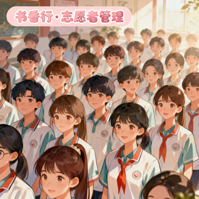 书香行·志愿者管理主题插画，整齐的志愿团队身穿统一服装，进行打卡排班服务，成员阳光开朗，动漫青春风格，治愈系国风，青春校园公益温暖风格，暖色调，高清细节预览效果