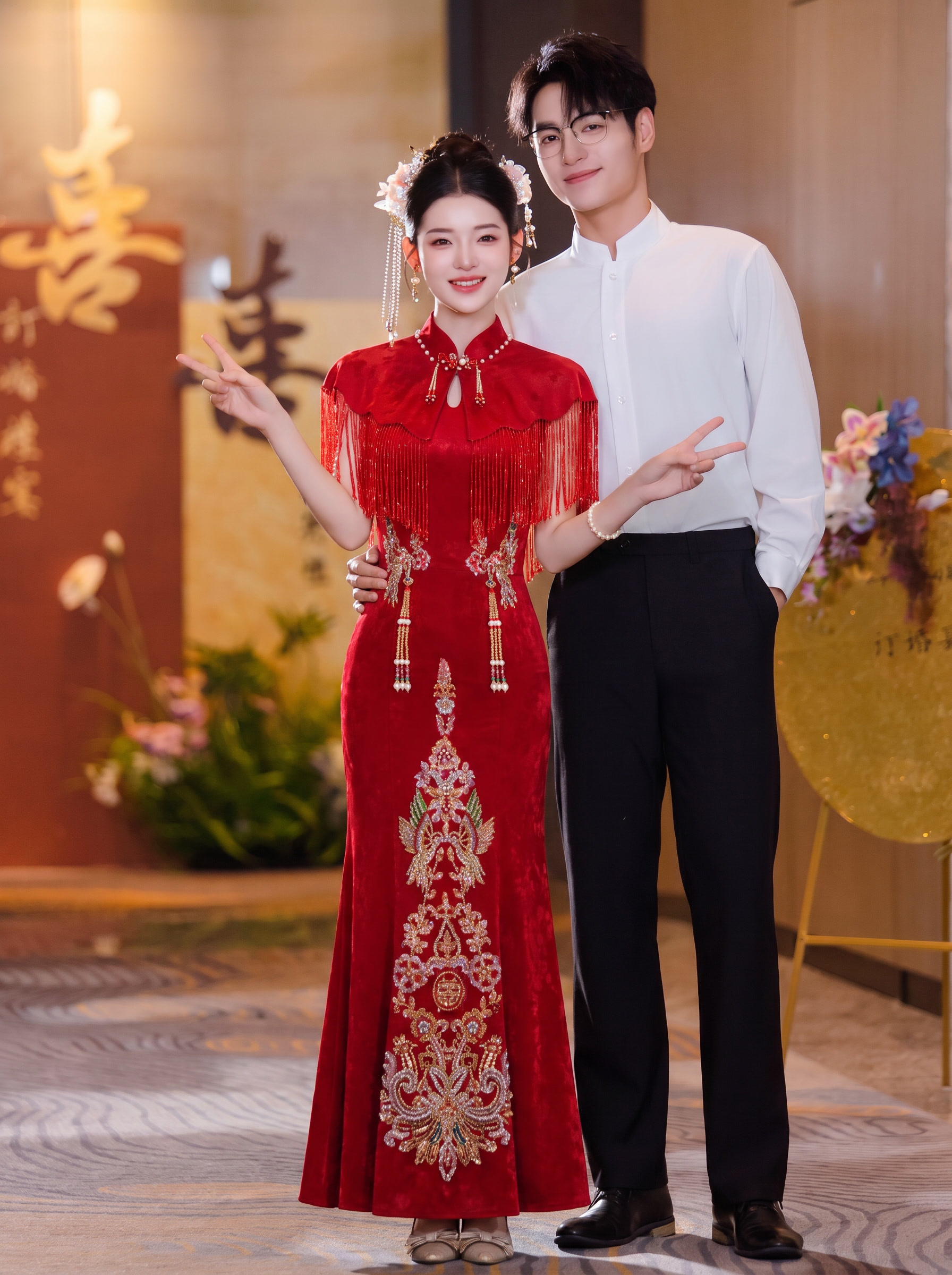 请将参考图1的【红色中式改良旗袍礼服】1:1还原其款式、颜色、… - 图片创意预览