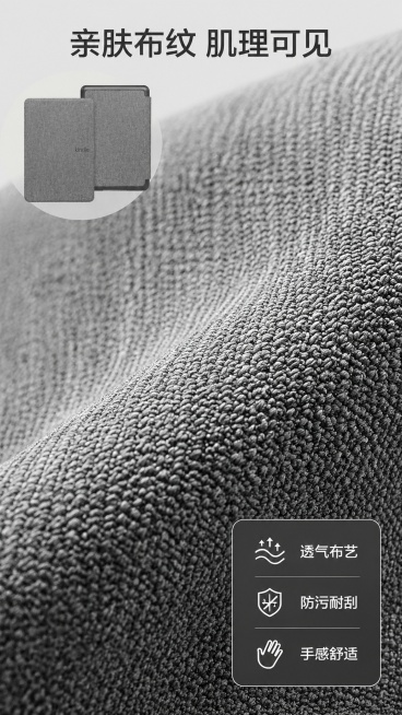 [第6屏] 材质细节微距特写，展示灰色布纹面料肌理，本屏使用【图1】局部放大展示材质。
[氛围/风格] 微距特写质感，真实可信，突出材质优势。
[元素布局] 布纹纹理占画面70%，居中展示，左上角放整预览效果