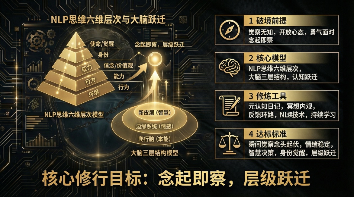 参考图1的黑金科技风格，生成16:9尺寸的剑心通明境·念起即察阶详情图，画面左侧呈现NLP思维六维层次模型与大脑三层结构模型的可视化图形，右侧分模块排版破境前提、核心模型、修炼工具、达标标准等文字内容预览效果