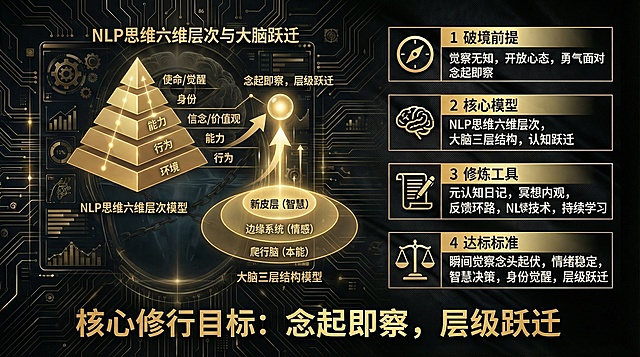 参考图1的黑金科技风格，生成16:9尺寸的剑心通明境·念起即察阶详情图，画面左侧呈现NLP思维六维层次模型与大脑三层结构模型的可视化图形，右侧分模块排版破境前提、核心模型、修炼工具、达标标准等文字内容，突出念起即察、层级跃迁的核心修行目标