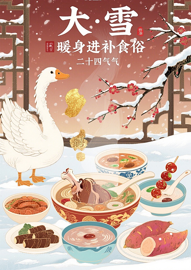 国潮插画风格，二十四节气大雪饮食指南海报，画面主体是羊肉汤、兑糖儿、红薯粥等大雪传统食物，搭配鹅毛大雪、红梅、雾凇等大雪节气元素，顶部有文字"大雪·暖身进补食俗"，整体色调暖厚沉稳，传统国风配色，适合上墙展示