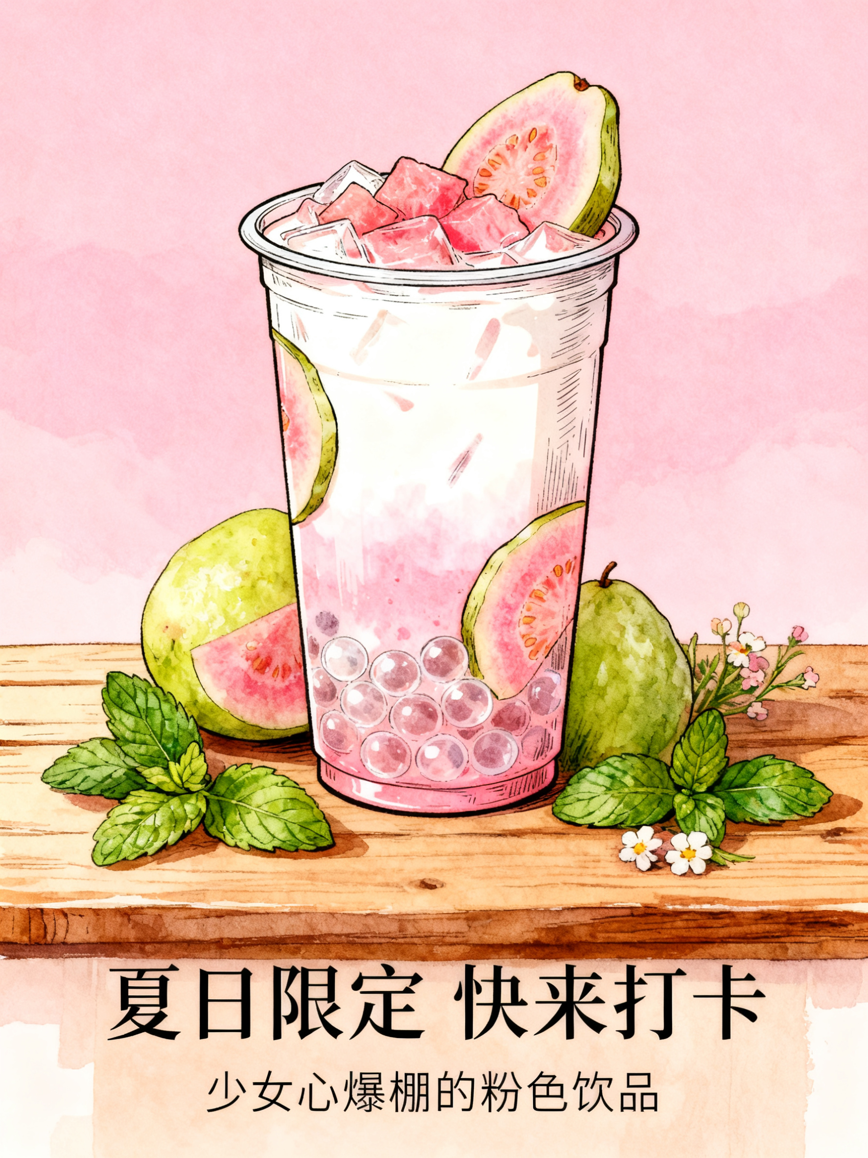 小红书风格手绘奶茶详情页第4张（收尾种草），3:4竖版，粉色温… - 图片创意预览
