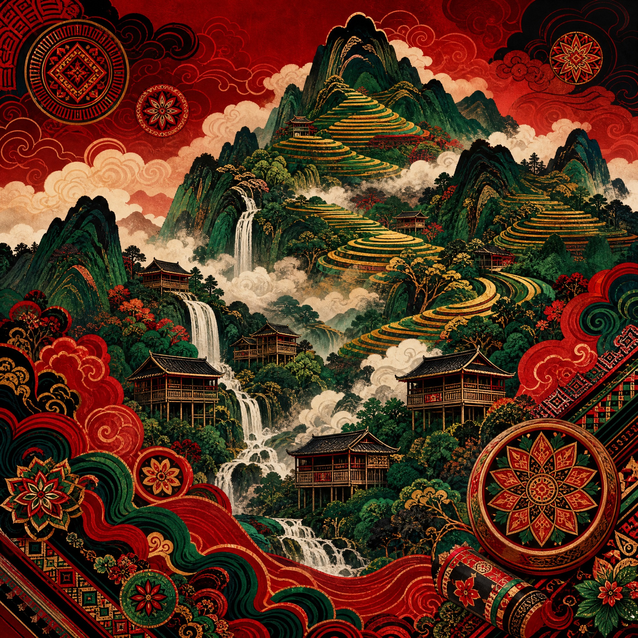 国潮风景插画，瑶族主题，金秀大瑶山云雾缭绕，层层梯田从山脚盘绕… - 图片创意预览