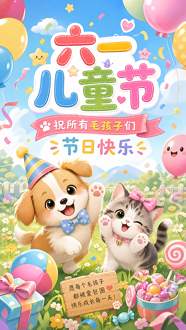 六一儿童节主题海报，画面中有可爱的宠物猫咪和狗狗，配文写着"六一儿童节，祝所有毛孩子们节日快乐"，整体风格温馨可爱，色彩明亮活泼