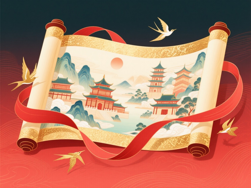 红色金色为主色调，画面主体是华丽精致的立体卷轴展开的效果，卷轴内有古建筑群、山水景观，搭配红色飘带、金色飞鸟环绕，红色暗纹渐变背景，细节丰富，光影细腻，构图大气预览效果