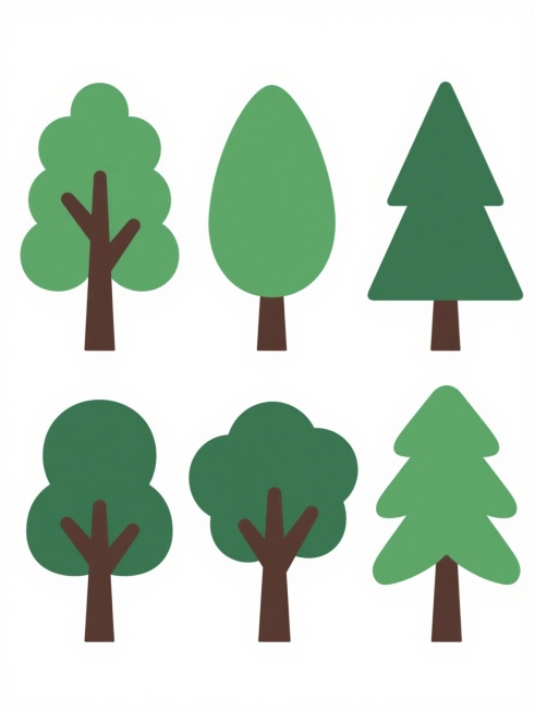 六个不同品种、不同外观样式的树木，均采用简约扁平插画风格，树干为深棕色，树叶为不同深浅的绿色，边缘平滑无锯齿，整体造型简洁对称，以整齐的阵列形式排列在纯白色背景上，每个树木保持独立且间距均匀，无任何文字、LOGO及装饰元素。预览效果