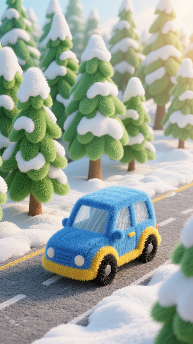 一片冬日森林场景，森林里有大量高大、呈塔形且叶片翠绿的树木，上面铺满厚厚的雪。在森林之中的马路上有一辆车辆缓慢开过