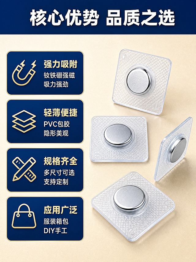 [商品] 使用【图1】【图4】PVC单面磁产品；保留透明PVC方形包胶底座、中间圆形银色磁铁的结构和外观，保留产品材质质感；精修增强金属光泽和PVC通透度。
[画面] 页面目标：核心卖点总览，4大卖点清晰呈现。左右分栏构图，左侧为卖点文字区，右侧为产品展示区。右侧展示3-4枚PVC单面磁产品错落摆放，有正面有侧面，展示不同角度。左侧4个深蓝色圆角信息卡竖向排列，每个卡片配一个浅金色图标和卖点文字。背景为浅米色渐变，顶部有深蓝色标题条。
[视觉] 套系策略：风格=蓝金工业品质风，源头工厂专业感；标题字=现代粗黑体，厚重有力；正文字=简洁无衬线体；主色=深蓝色+米金色；背景延展=浅米色渐变底，带细微颗粒质感；强调色=浅金色，用于图标和重点标注；标题色=深蓝色；正文色=深灰色；组件=深蓝色圆角信息卡、浅金色线性图标；光影=均匀柔光，产品清晰立体。
[文字] 顶部深蓝色条白字写"核心优势 品质之选"。左侧4个卖点卡：1.强力吸附 钕铁硼强磁 吸力强劲；2.轻薄便捷 PVC包胶 隐形美观；3.规格齐全 多尺寸可选 支持定制；4.应用广泛 服装箱包 DIY手工。每个卖点卡配一个对应浅金色线性图标。文字全部横排，字号保证手机端可读。
[规格] 图片比例3:4竖版，2K分辨率，避免变形、错字、文字过小、产品结构失真、悬浮感、水印、平台Logo。