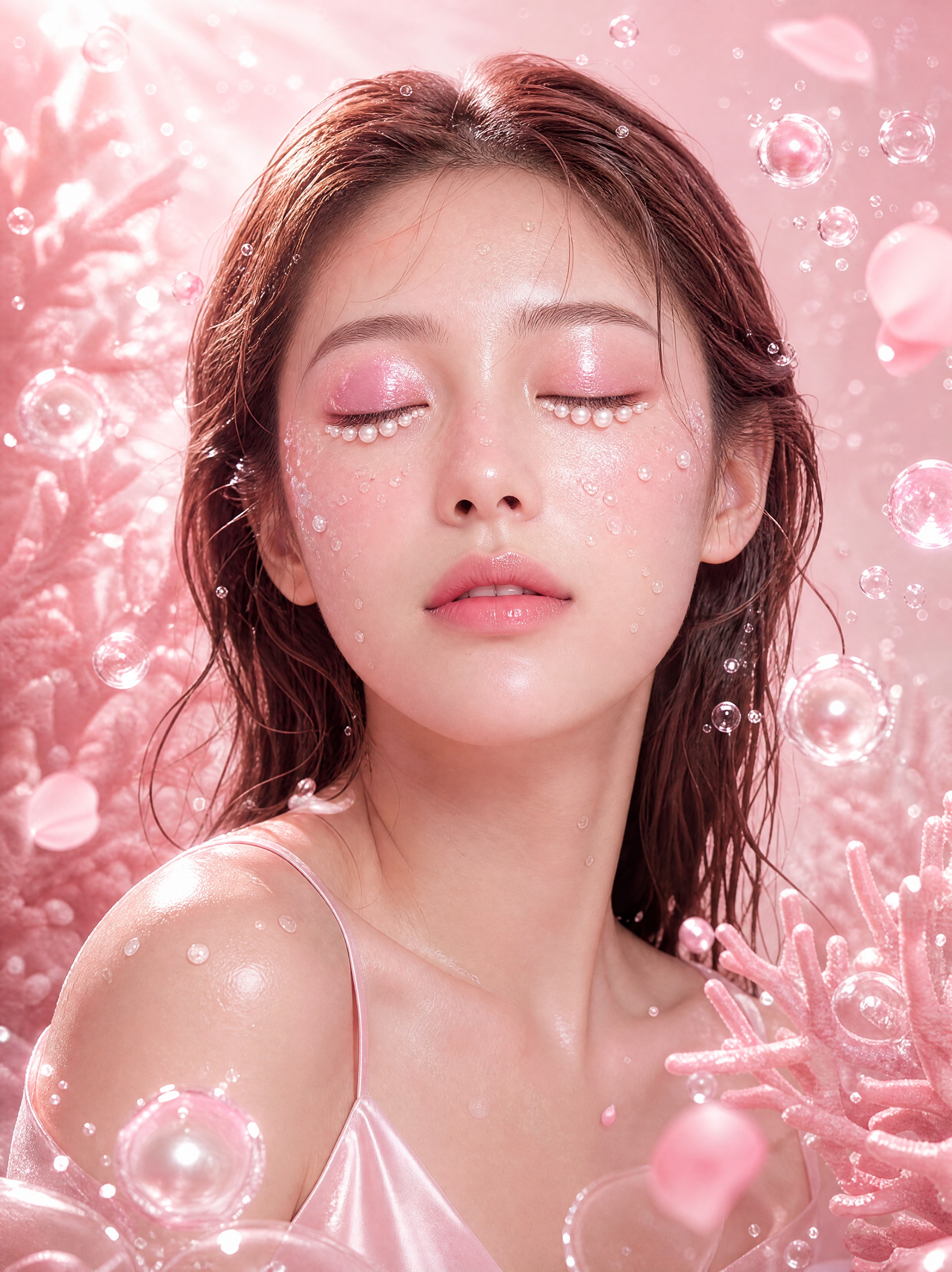 超高清商业美妆摄影，浅粉色梦幻浪漫氛围，核心调性为粉色海洋珍珠… - 图片创意预览