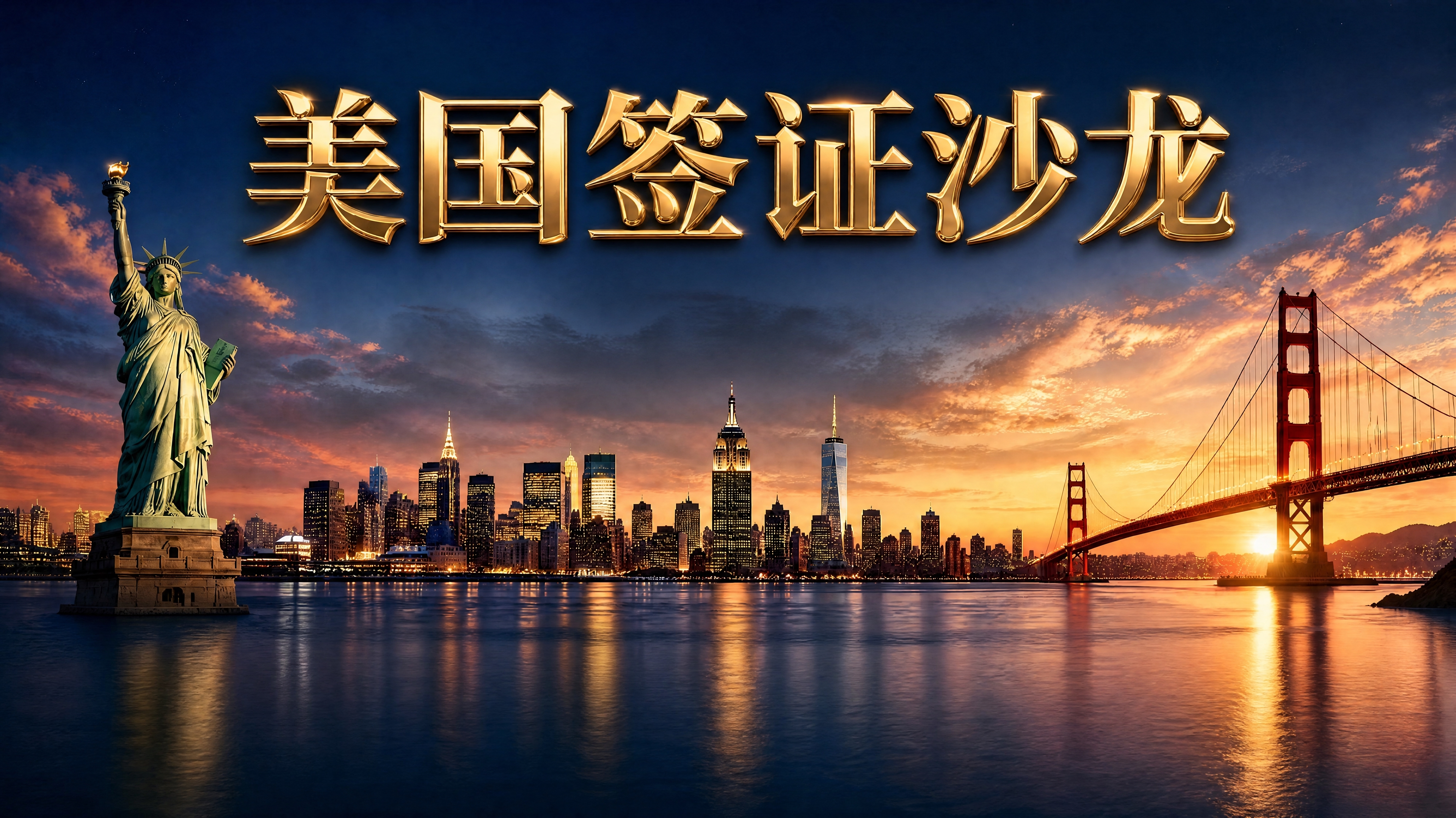 保留画面中上方的鎏金立体大字"美国签证沙龙"，删除其余所有文字… - 图片创意预览